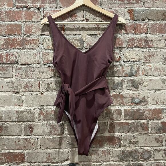 Shade & Shore Brown Plunge Tie-Front One Piece Swimsuit Size Medium - Picture 4 of 9